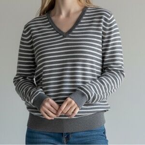 J. Crew Gray and White Striped V-Neck Sweater